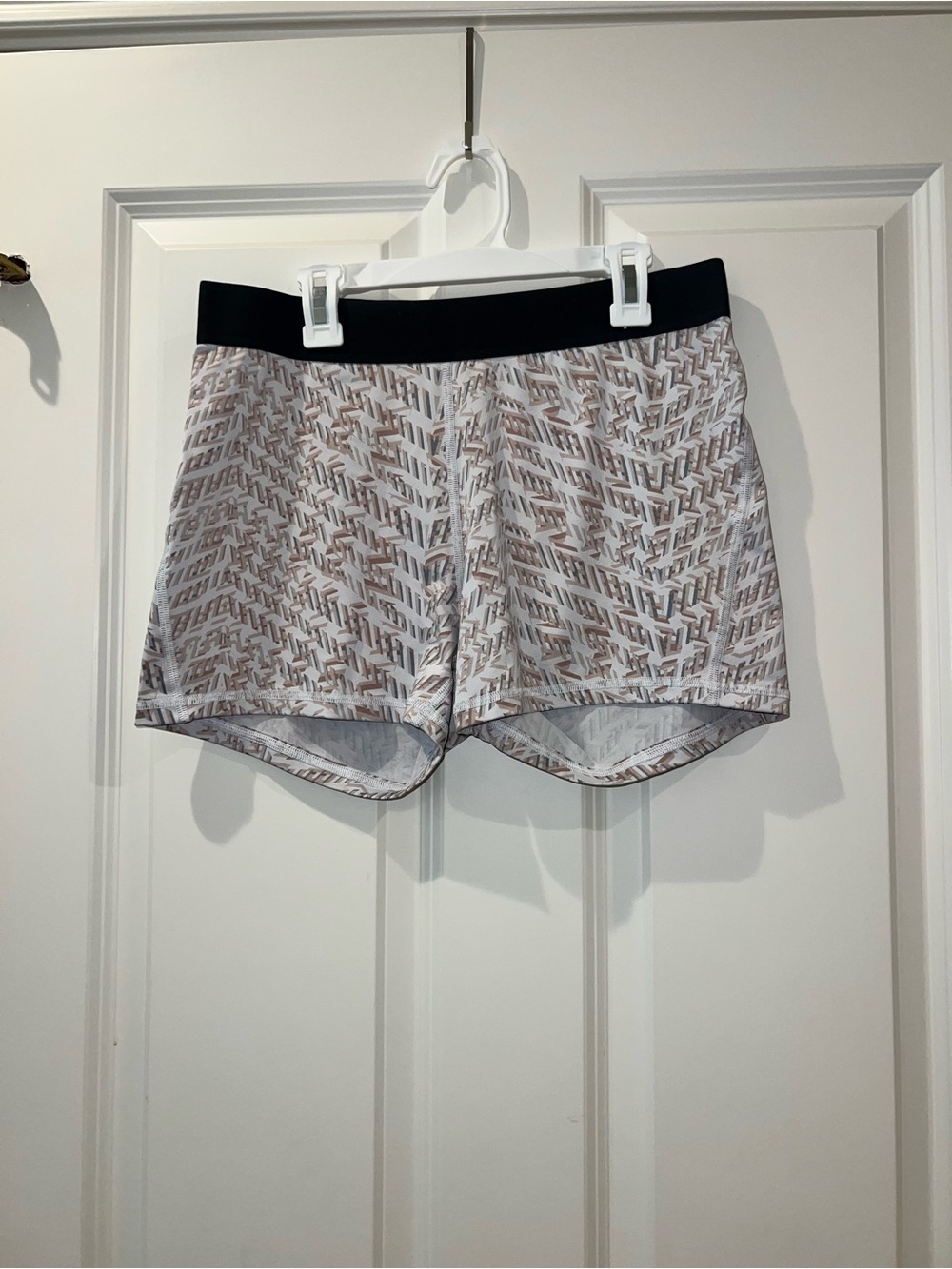 Vintage Victoria Sport Beige Patterned Athletic Shorts with Black Waistband